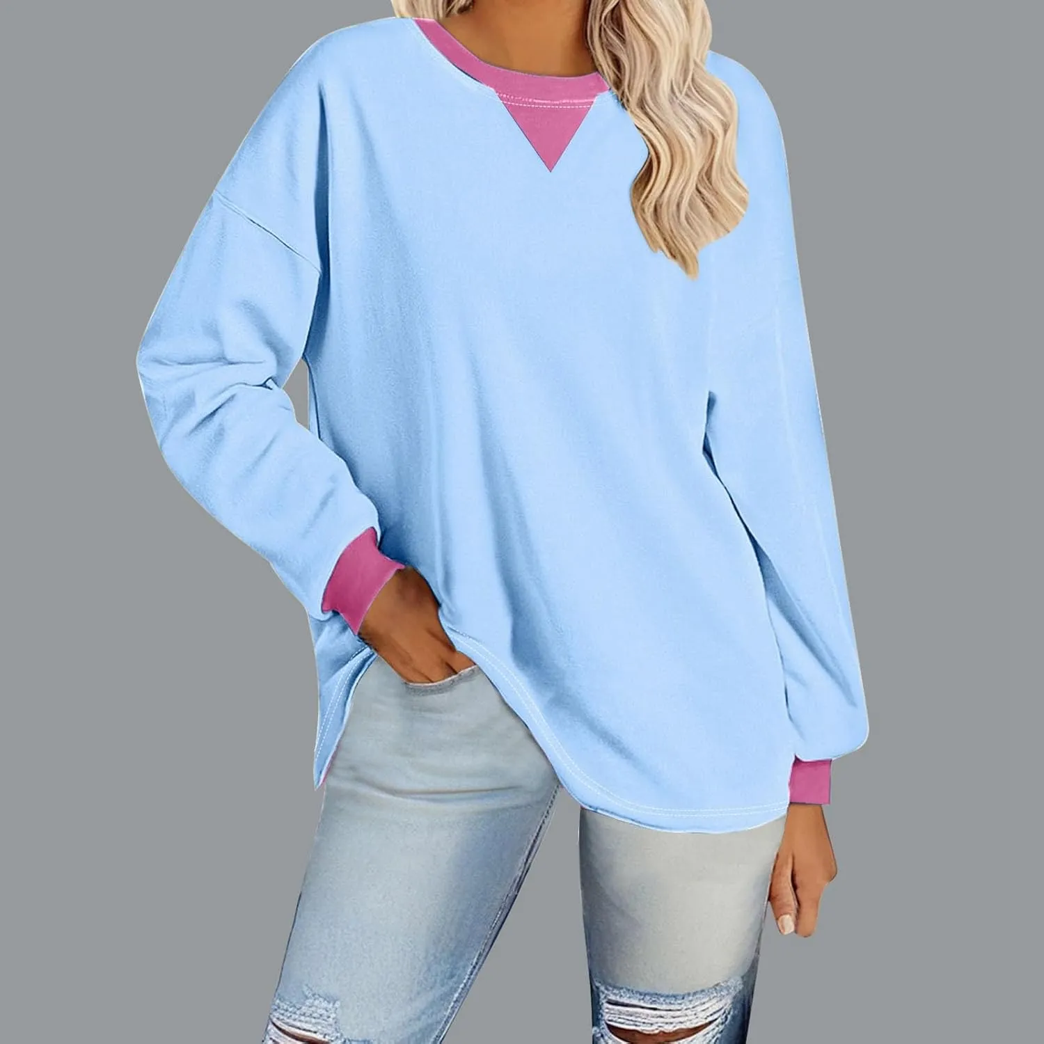 Plus Size Tops for Women Casual Long Sleeve Hoodie Round Neck Color Block Sweatshirts Daily Trendy Pullover Top