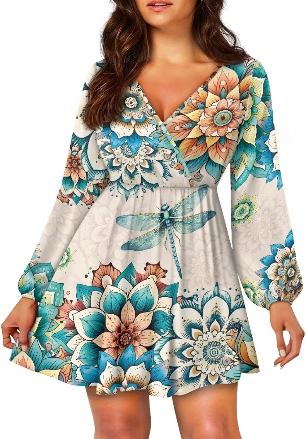 Poceacles Women Deep V-Neck Ruffle Hem Flowy Mini Dress Long Sleeve Elastic High Waist Casual Tunic Dress for Vacation Party