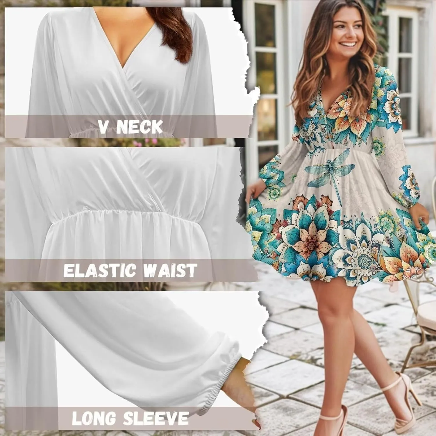Poceacles Women Deep V-Neck Ruffle Hem Flowy Mini Dress Long Sleeve Elastic High Waist Casual Tunic Dress for Vacation Party