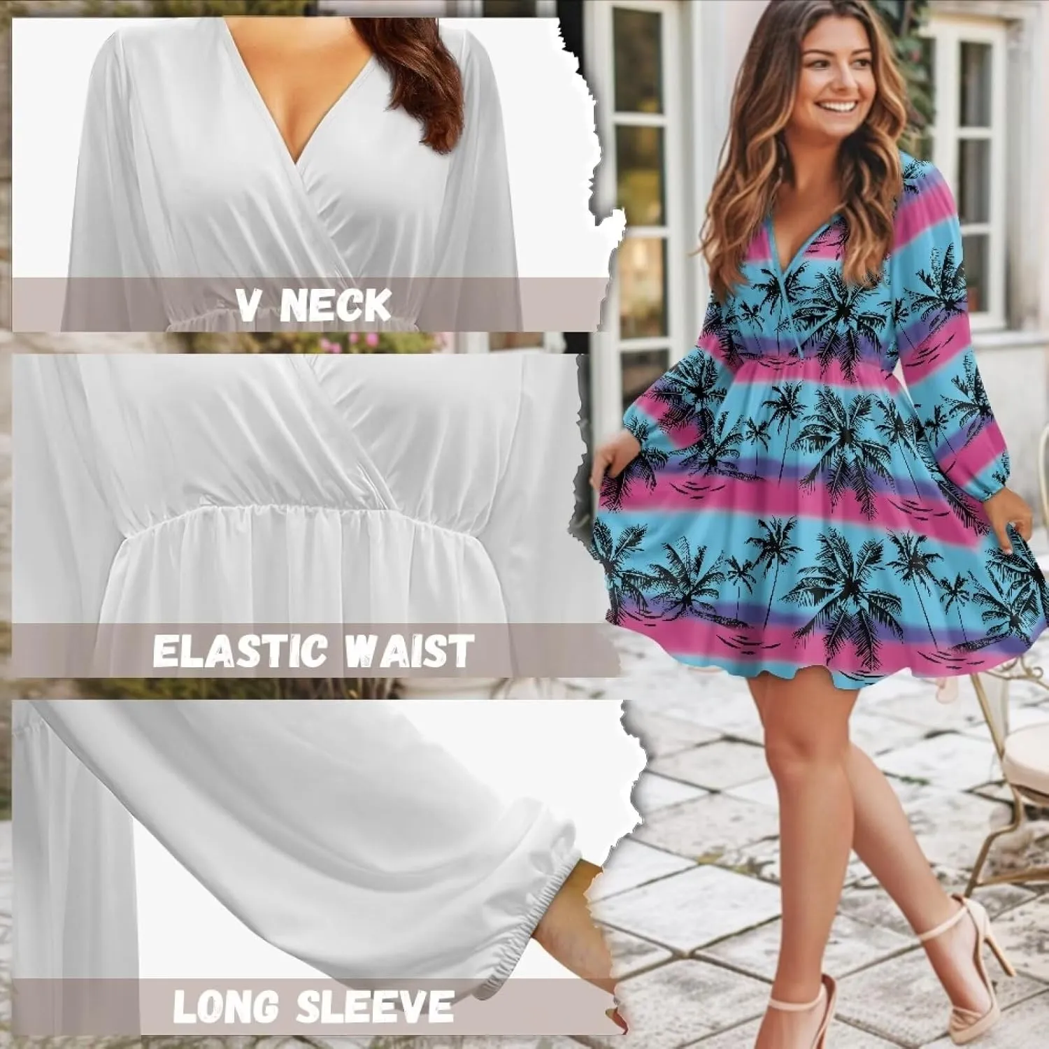 Poceacles Women Deep V-Neck Ruffle Hem Flowy Mini Dress Long Sleeve Elastic High Waist Casual Tunic Dress for Vacation Party