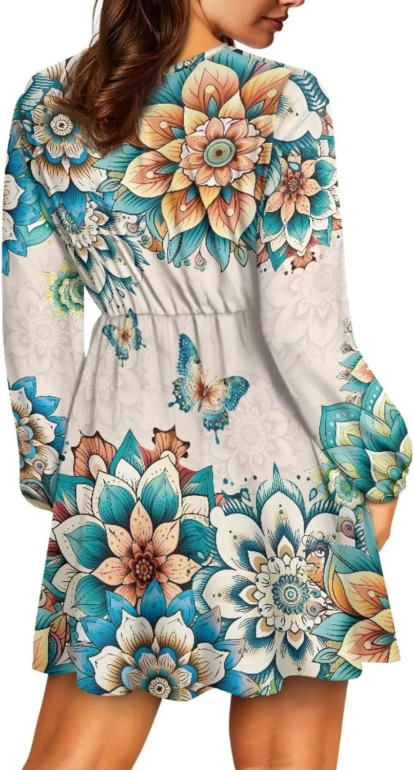 Poceacles Women Deep V-Neck Ruffle Hem Flowy Mini Dress Long Sleeve Elastic High Waist Casual Tunic Dress for Vacation Party