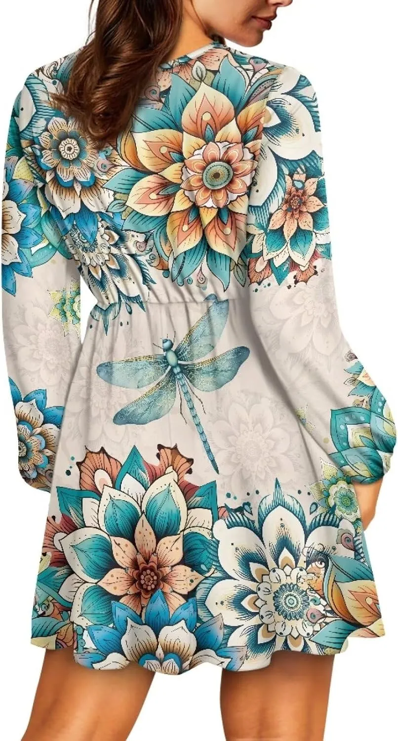 Poceacles Women Deep V-Neck Ruffle Hem Flowy Mini Dress Long Sleeve Elastic High Waist Casual Tunic Dress for Vacation Party