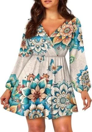 Poceacles Women Deep V-Neck Ruffle Hem Flowy Mini Dress Long Sleeve Elastic High Waist Casual Tunic Dress for Vacation Party