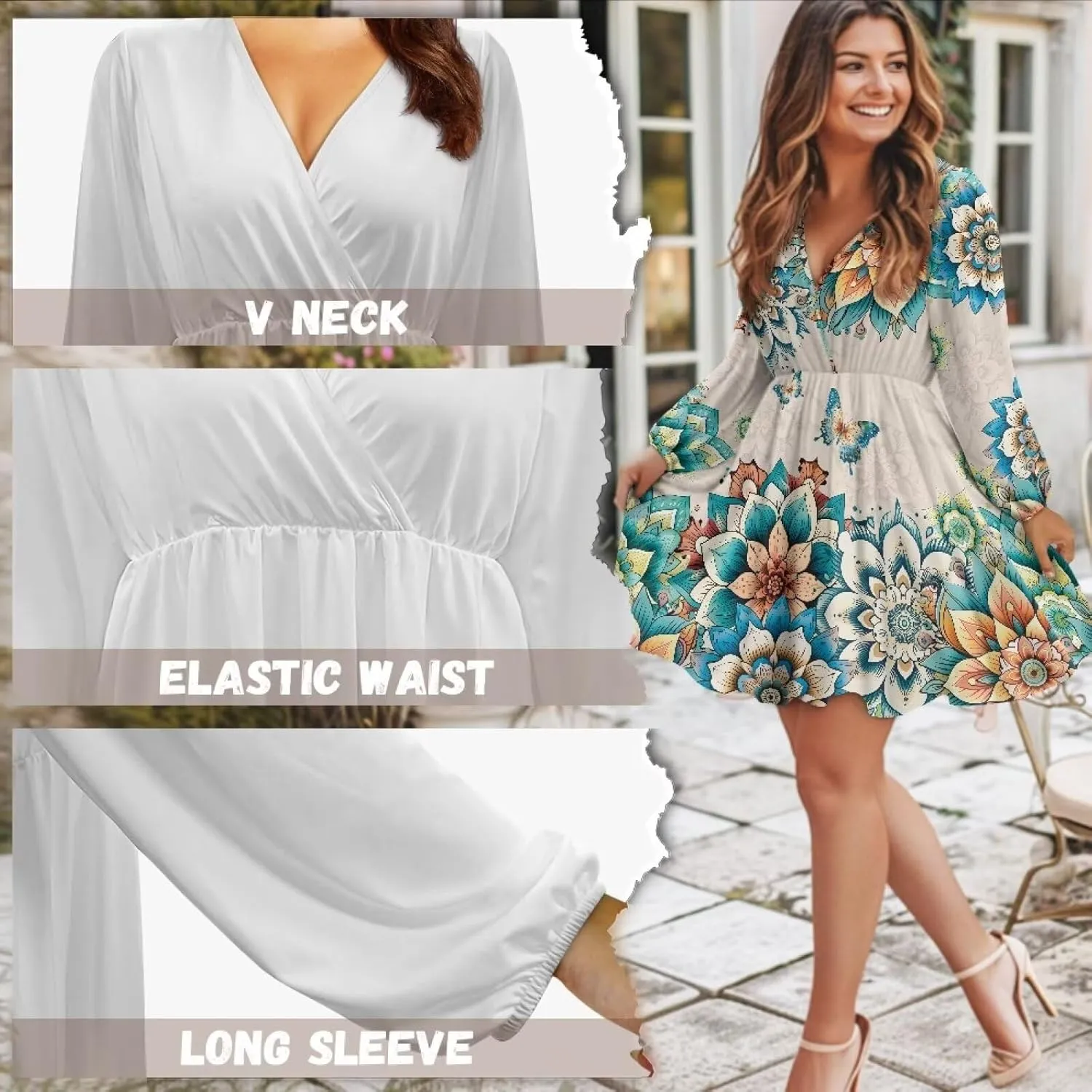 Poceacles Women Deep V-Neck Ruffle Hem Flowy Mini Dress Long Sleeve Elastic High Waist Casual Tunic Dress for Vacation Party