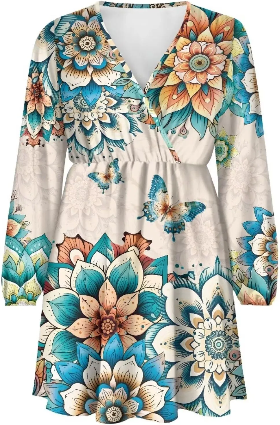 Poceacles Women Deep V-Neck Ruffle Hem Flowy Mini Dress Long Sleeve Elastic High Waist Casual Tunic Dress for Vacation Party