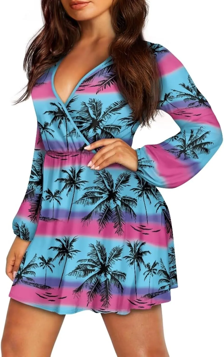 Poceacles Women Deep V-Neck Ruffle Hem Flowy Mini Dress Long Sleeve Elastic High Waist Casual Tunic Dress for Vacation Party