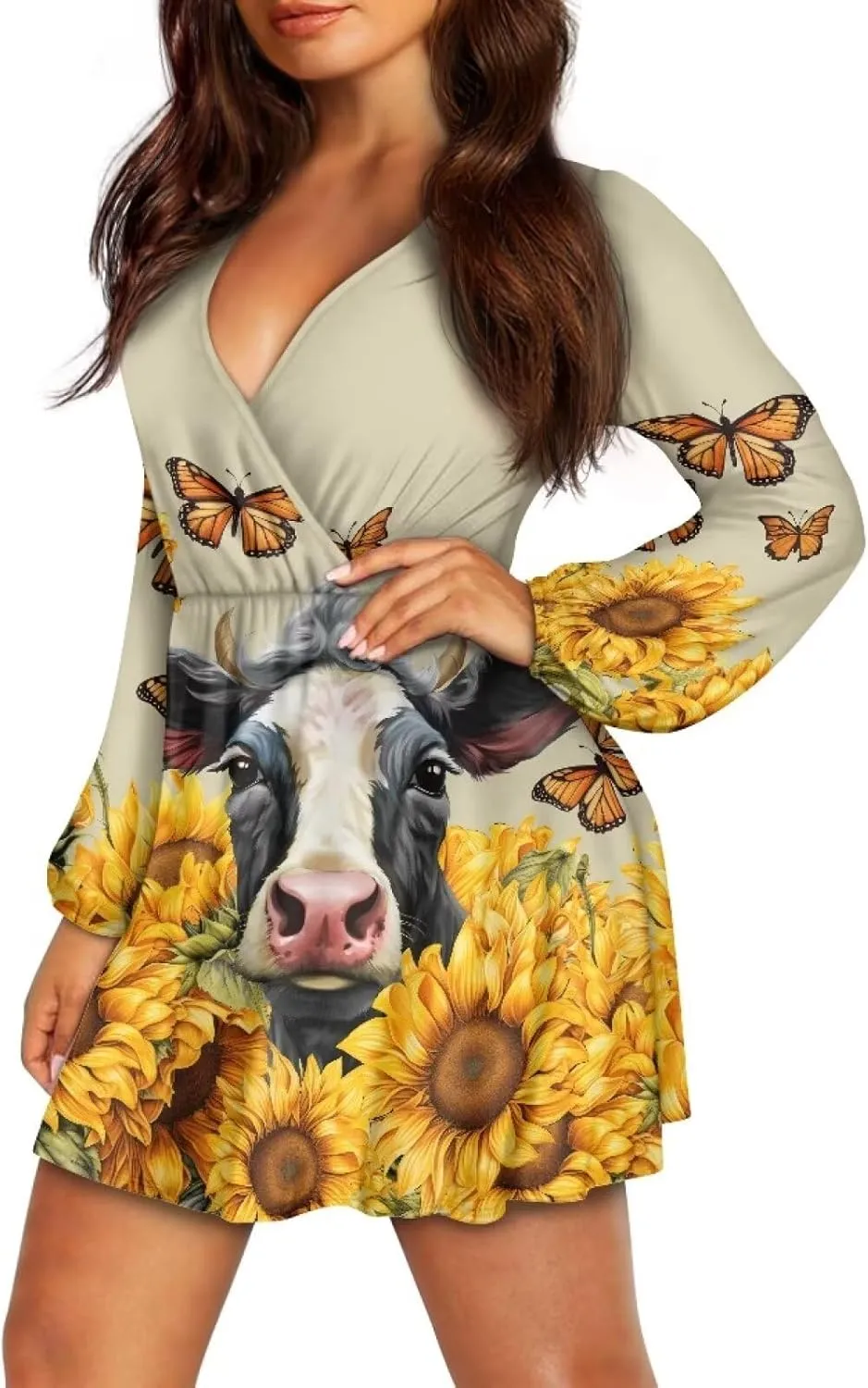 Poceacles Women Deep V-Neck Ruffle Hem Flowy Mini Dress Long Sleeve Elastic High Waist Casual Tunic Dress for Vacation Party