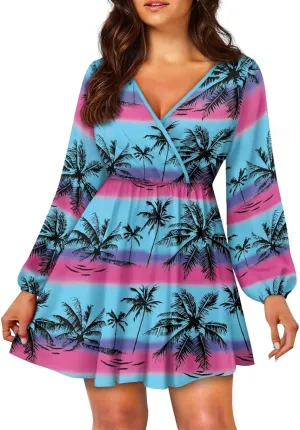Poceacles Women Deep V-Neck Ruffle Hem Flowy Mini Dress Long Sleeve Elastic High Waist Casual Tunic Dress for Vacation Party