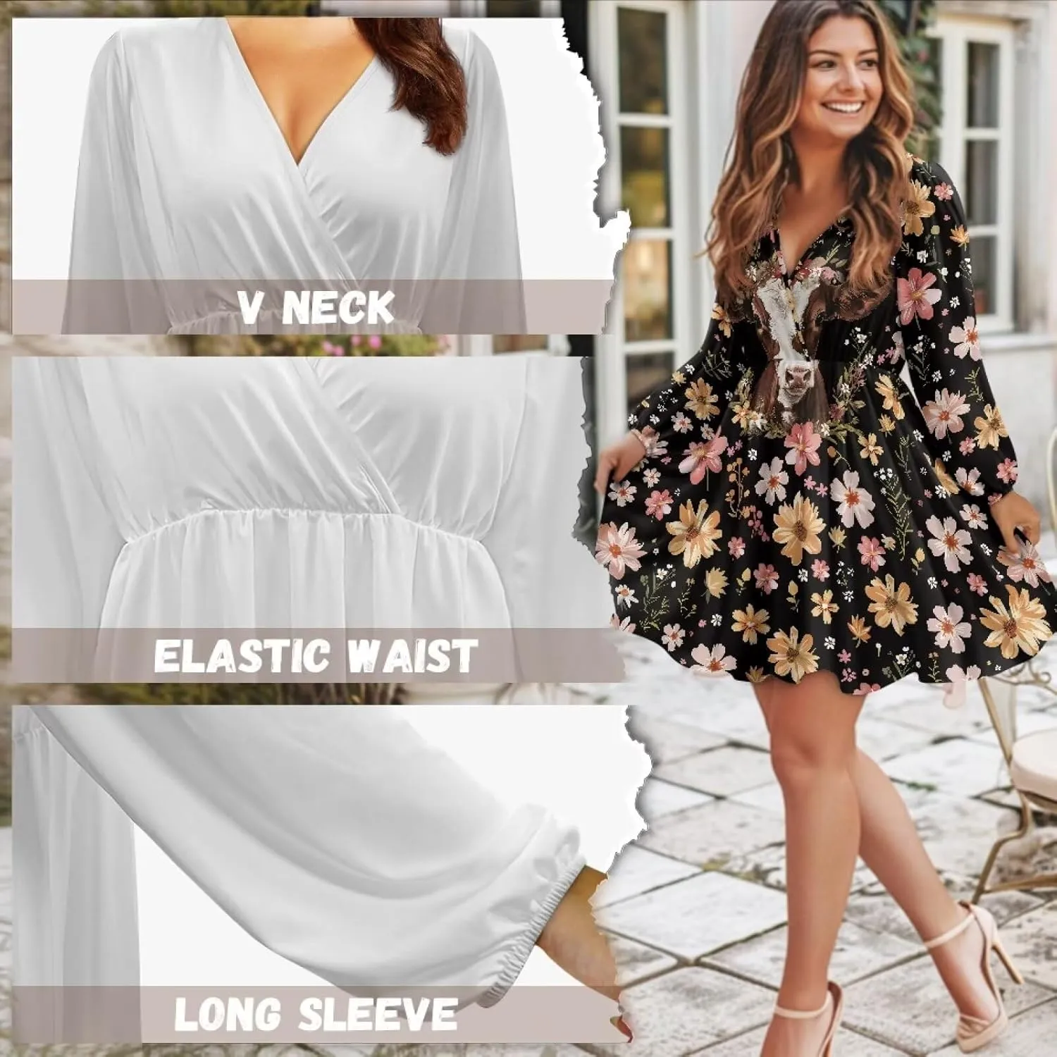 Poceacles Women Deep V-Neck Ruffle Hem Flowy Mini Dress Long Sleeve Elastic High Waist Casual Tunic Dress for Vacation Party