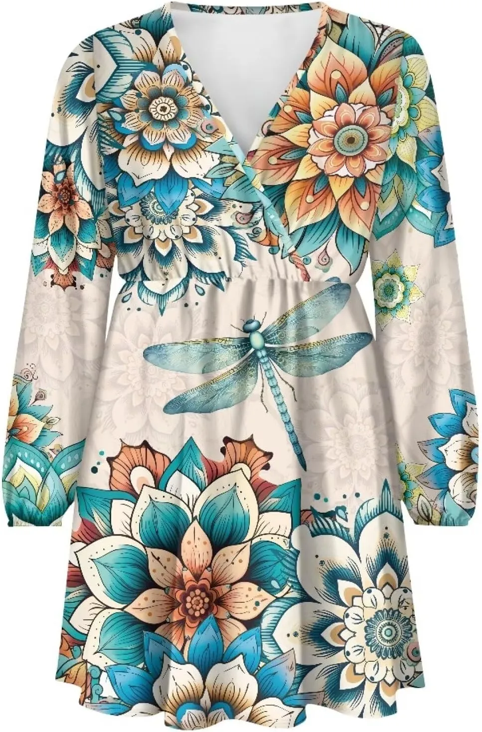 Poceacles Women Deep V-Neck Ruffle Hem Flowy Mini Dress Long Sleeve Elastic High Waist Casual Tunic Dress for Vacation Party