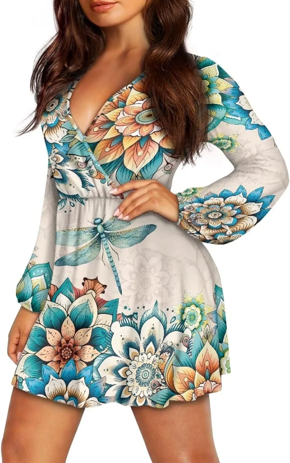 Poceacles Women Deep V-Neck Ruffle Hem Flowy Mini Dress Long Sleeve Elastic High Waist Casual Tunic Dress for Vacation Party