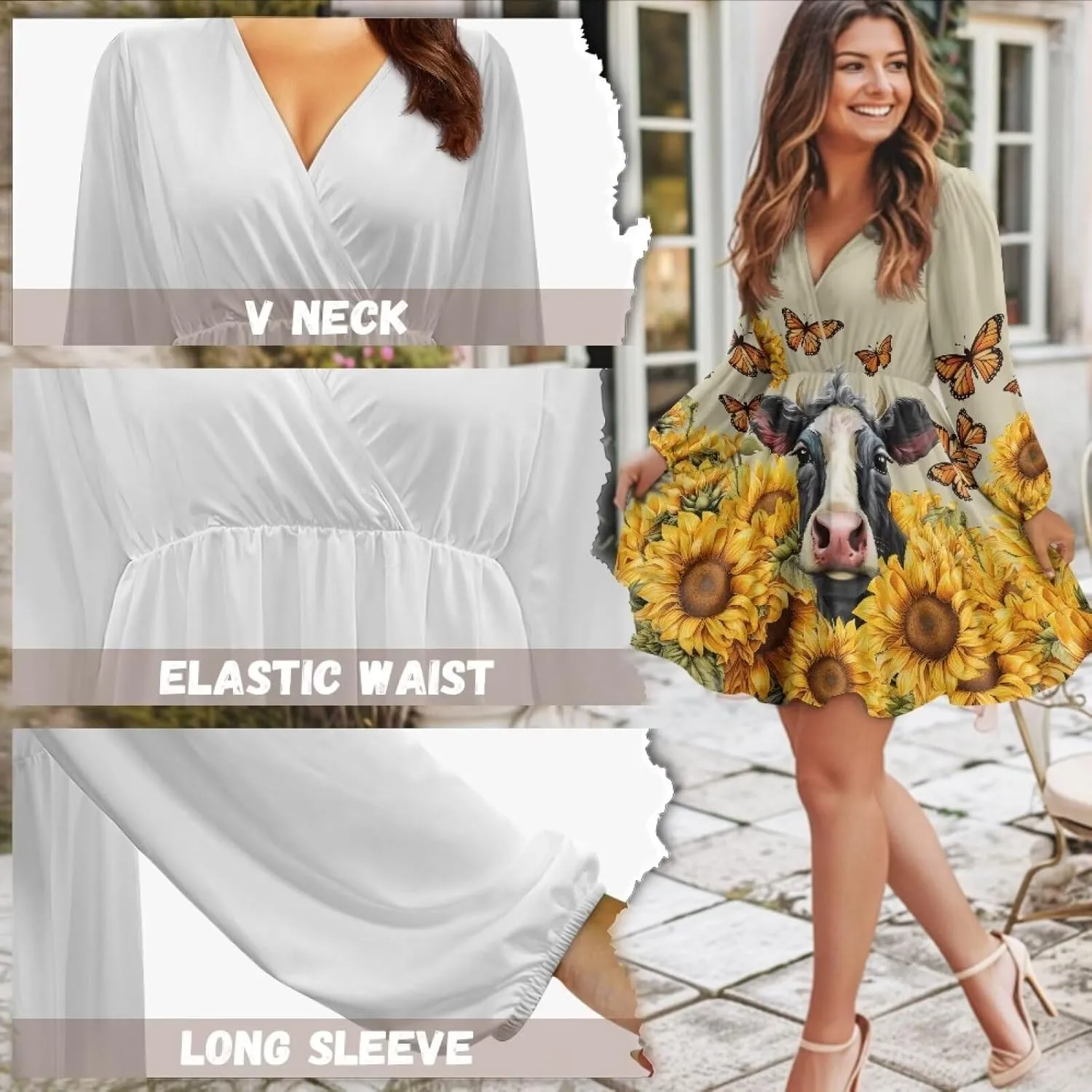 Poceacles Women Deep V-Neck Ruffle Hem Flowy Mini Dress Long Sleeve Elastic High Waist Casual Tunic Dress for Vacation Party