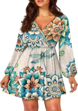 Poceacles Women Deep V-Neck Ruffle Hem Flowy Mini Dress Long Sleeve Elastic High Waist Casual Tunic Dress for Vacation Party