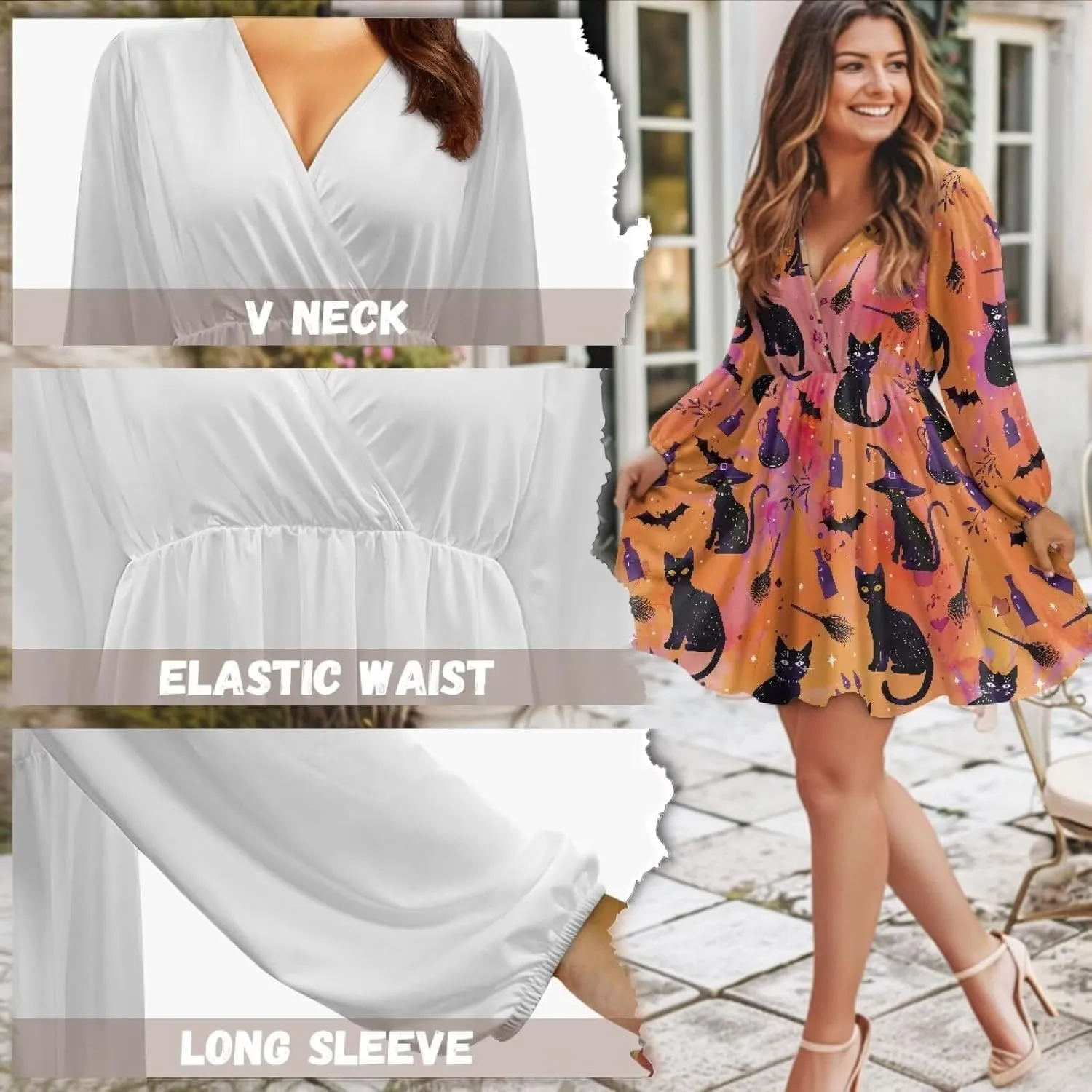Poceacles Women Deep V-Neck Ruffle Hem Flowy Mini Dress Long Sleeve Elastic High Waist Casual Tunic Dress for Vacation Party