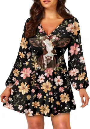 Poceacles Women Deep V-Neck Ruffle Hem Flowy Mini Dress Long Sleeve Elastic High Waist Casual Tunic Dress for Vacation Party