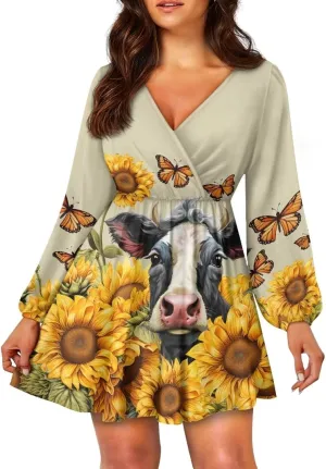Poceacles Women Deep V-Neck Ruffle Hem Flowy Mini Dress Long Sleeve Elastic High Waist Casual Tunic Dress for Vacation Party