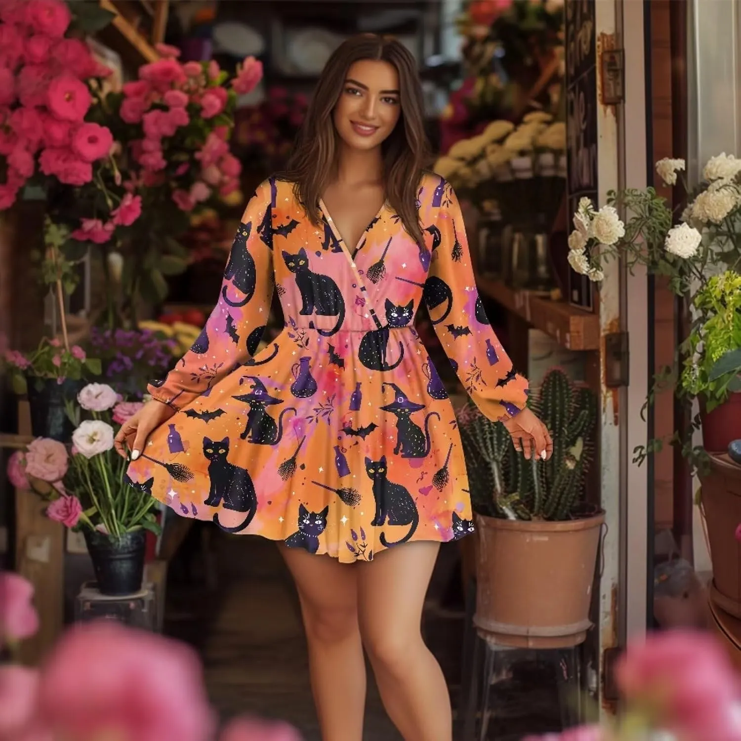 Poceacles Women Deep V-Neck Ruffle Hem Flowy Mini Dress Long Sleeve Elastic High Waist Casual Tunic Dress for Vacation Party