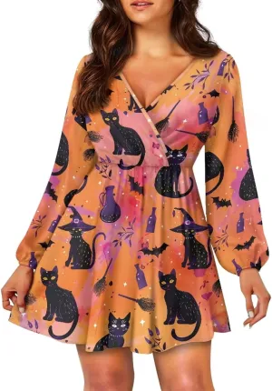 Poceacles Women Deep V-Neck Ruffle Hem Flowy Mini Dress Long Sleeve Elastic High Waist Casual Tunic Dress for Vacation Party