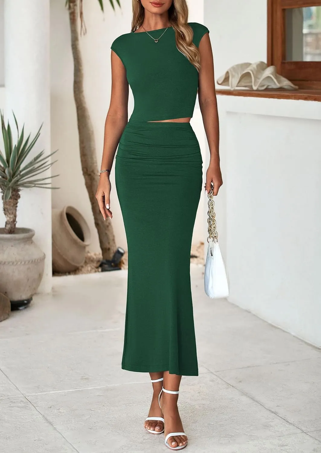PRETTYGARDEN Summer 2 Piece Sets for Women Going Out 2025 Casual Cap Sleeve Crop Tops Ruched Maxi Long Skirts Spring Outfits