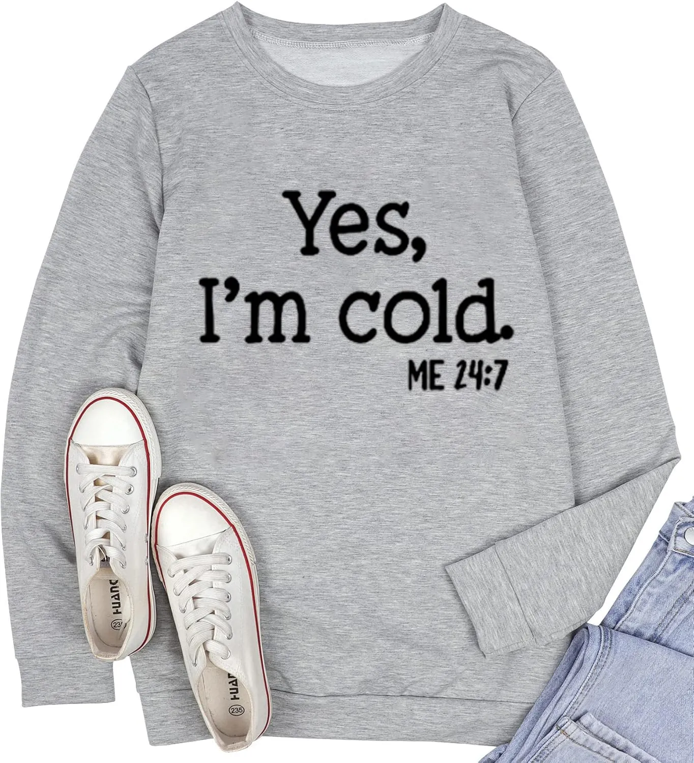 QIANRUO Yes I'm Cold Me 24:7 Sweatshirt for Women Funny Letter Print Fall Winter Sweatshirt Long Sleeve Crewneck Pullover Top
