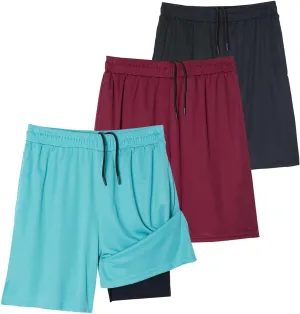 Real Essentials 3 Pack: Men's 2 in 1 Mesh 7" Running Workout Gym Shorts with Compression Liner (Available in Big & Tall)