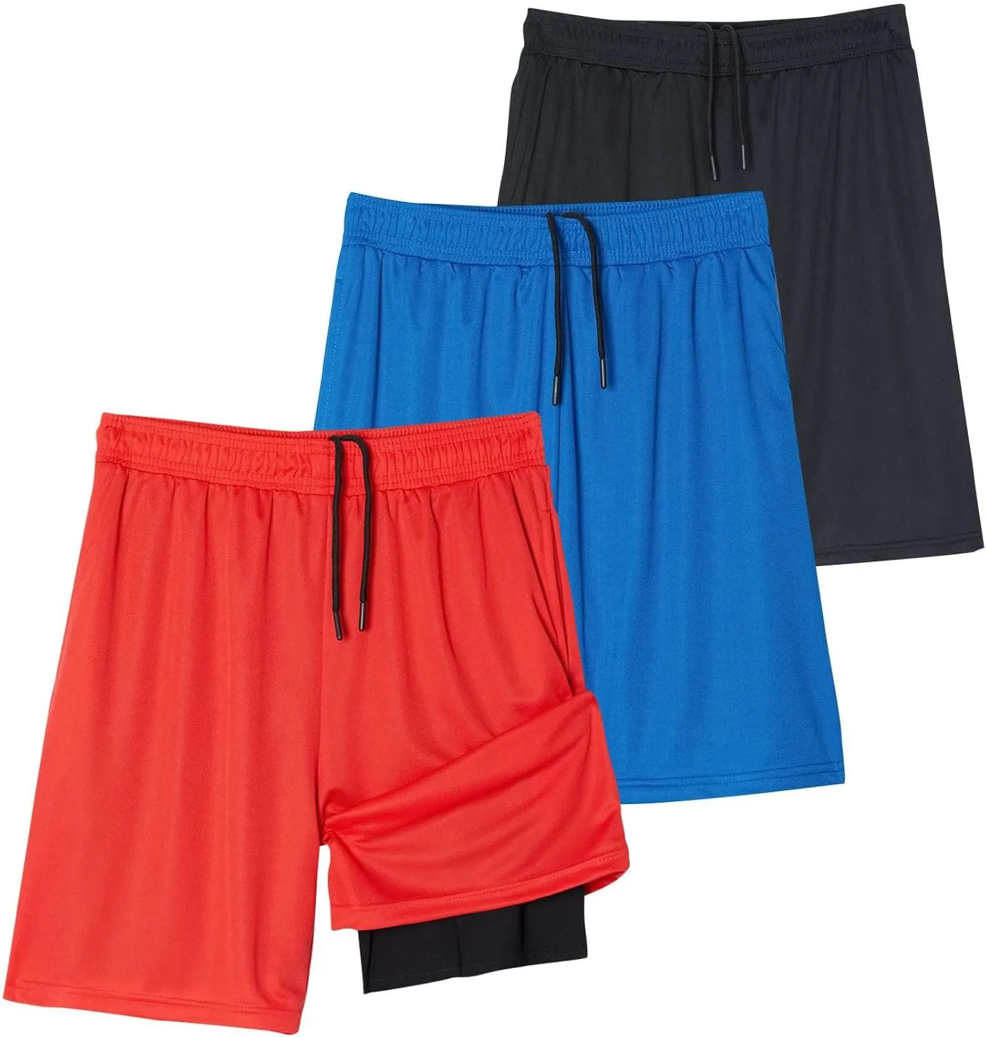 Real Essentials 3 Pack: Men's 2 in 1 Mesh 7" Running Workout Gym Shorts with Compression Liner (Available in Big & Tall)