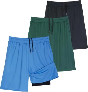 Real Essentials 3 Pack: Men's 2 in 1 Mesh 7" Running Workout Gym Shorts with Compression Liner (Available in Big & Tall)