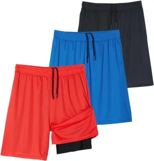 Real Essentials 3 Pack: Men's 2 in 1 Mesh 7" Running Workout Gym Shorts with Compression Liner (Available in Big & Tall)