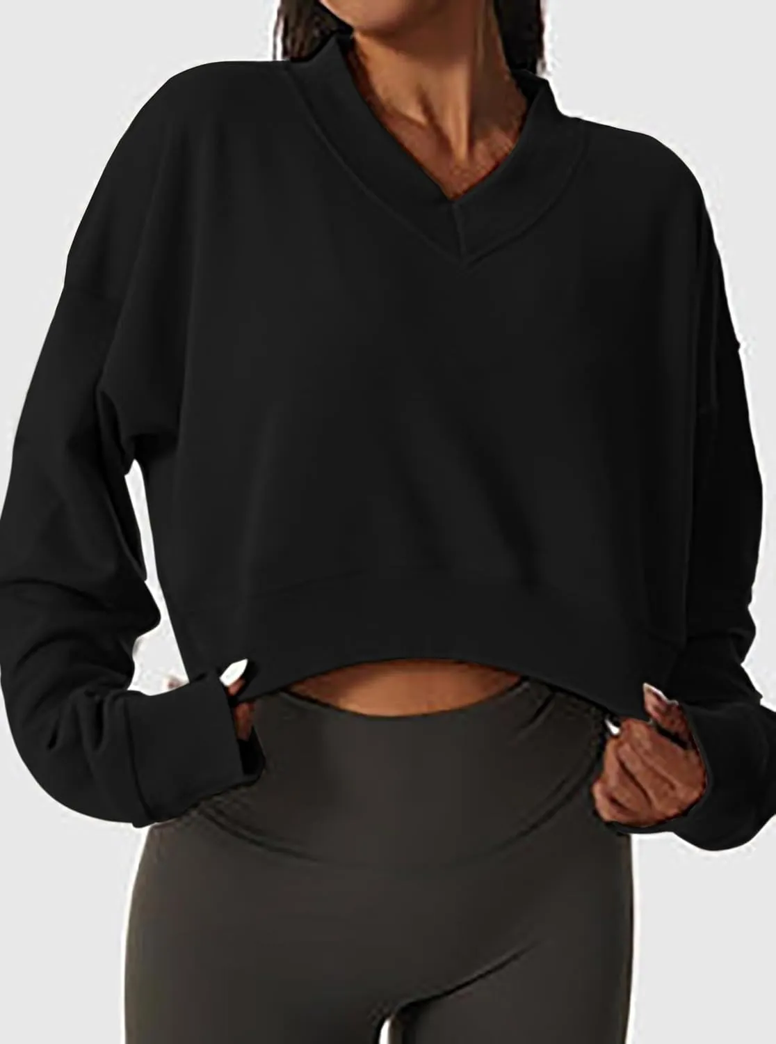 Remidoo Women's V Neck Cropped Sweatshirt Long Sleeve Loose Fit Drop Shoulder Pullover Top