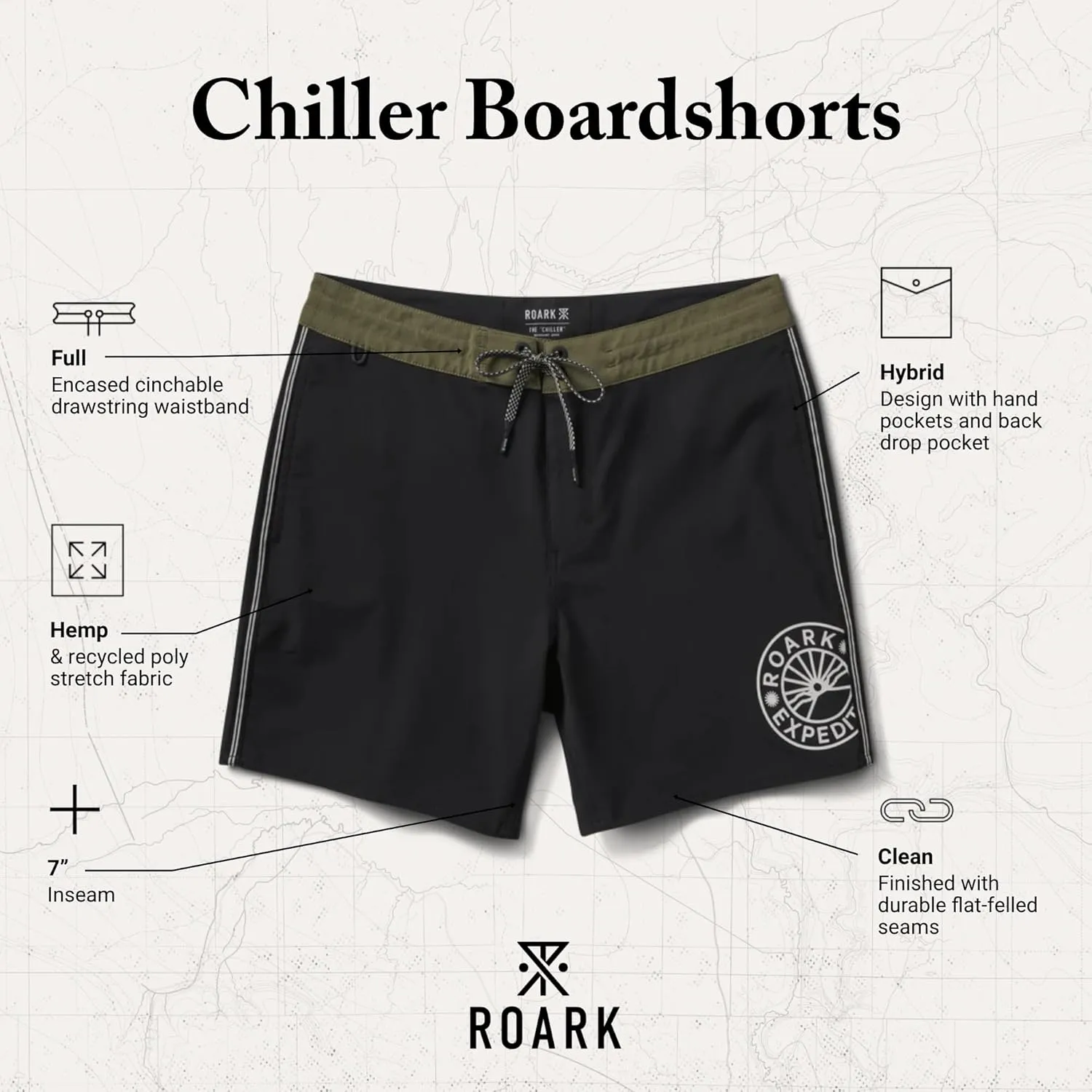 Roark Chiller Men's Swim Trunks  Quick-Dry Boardshorts with 4-Way Stretch, Hemp Blend Fabric, Pockets & Adjustable Waist