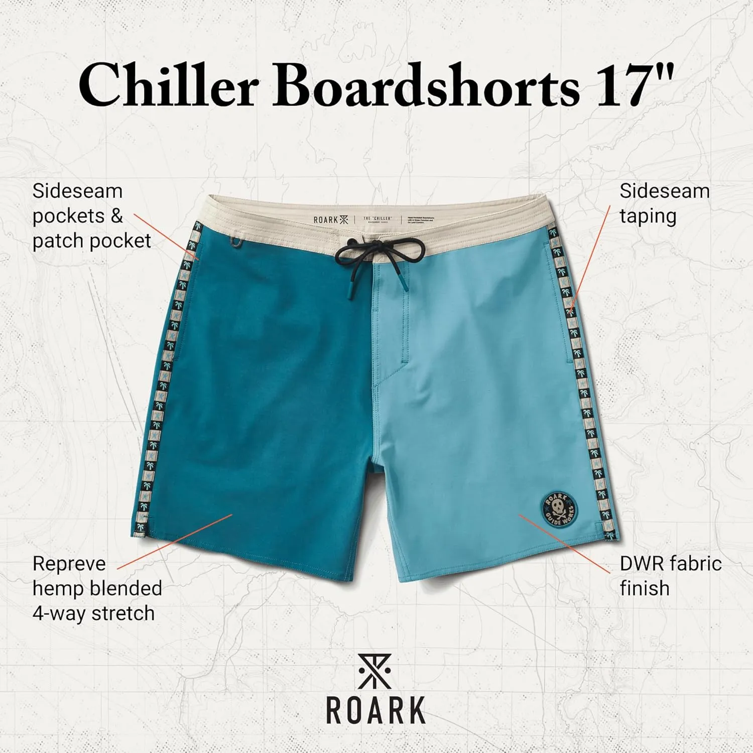 Roark Chiller Men's Swim Trunks  Quick-Dry Boardshorts with 4-Way Stretch, Hemp Blend Fabric, Pockets & Adjustable Waist