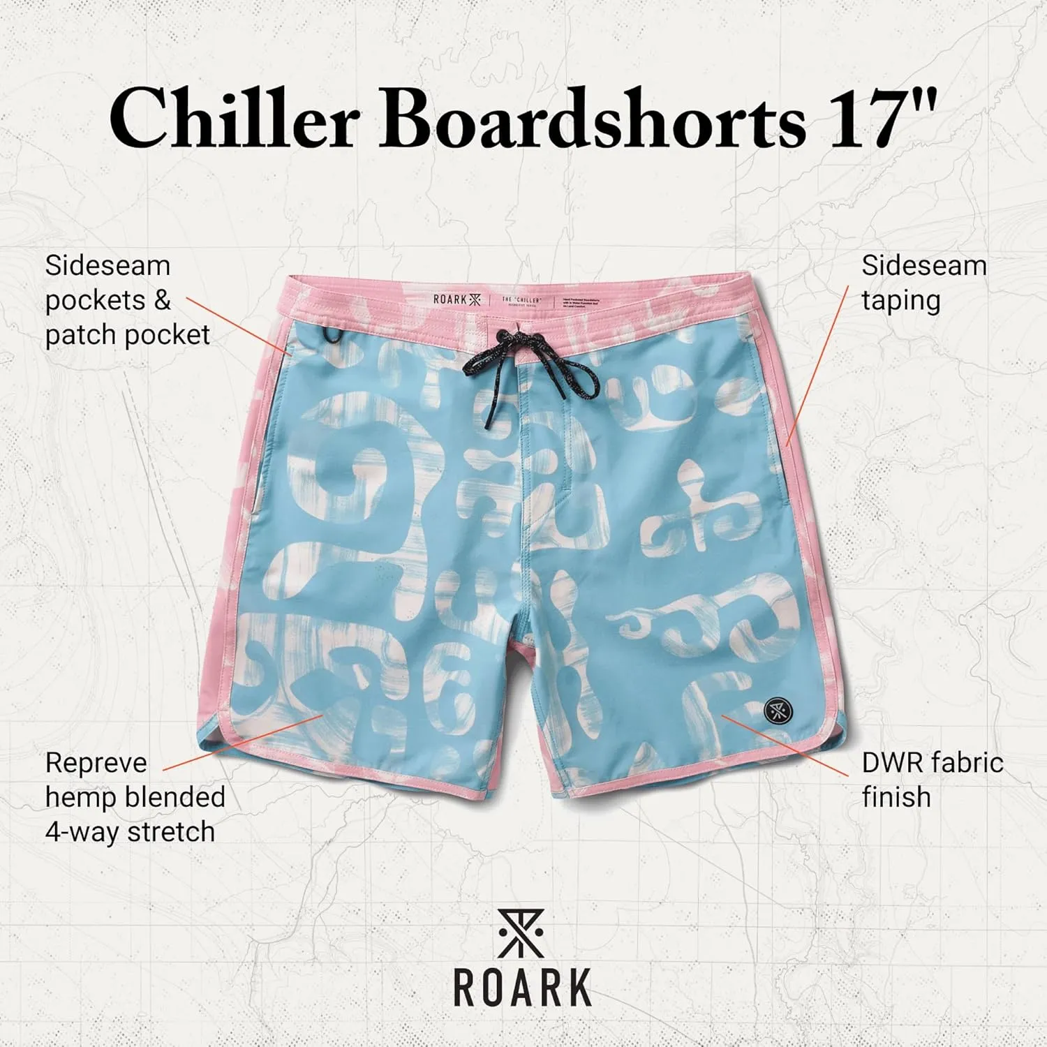 Roark Chiller Men's Swim Trunks  Quick-Dry Boardshorts with 4-Way Stretch, Hemp Blend Fabric, Pockets & Adjustable Waist