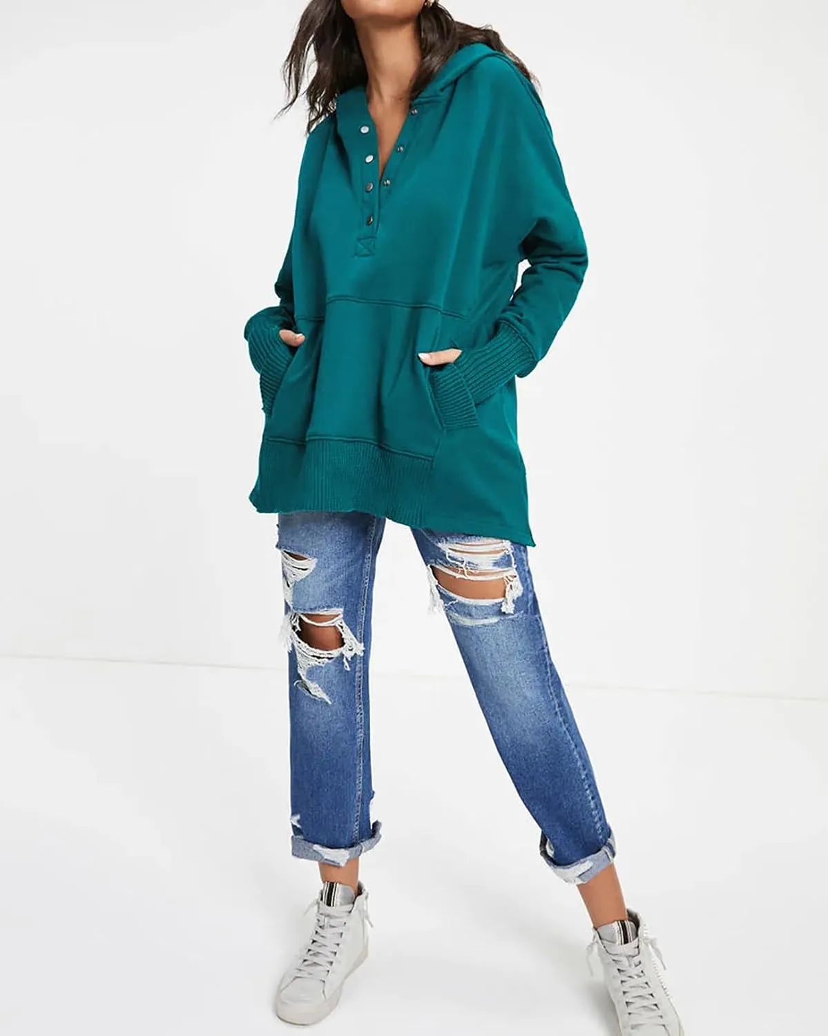 R.Vivimos Womens Oversized Sweatshirts Fall Essential Hoodies Pullover Cotton Long Sleeve Button Up Casual Tops with Pockets