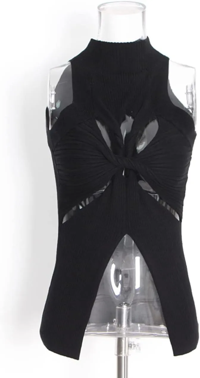 SAFRISIOR Women Sexy Hollow Out Twist Front Knitted Tank Tops Sleeveless High Neck Cut Out Sweater Vest