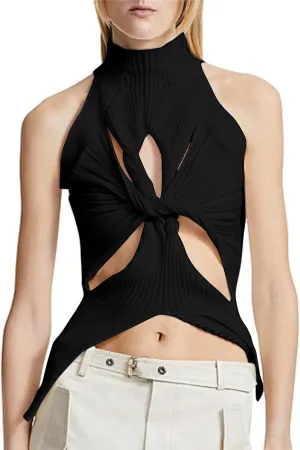 SAFRISIOR Women Sexy Hollow Out Twist Front Knitted Tank Tops Sleeveless High Neck Cut Out Sweater Vest