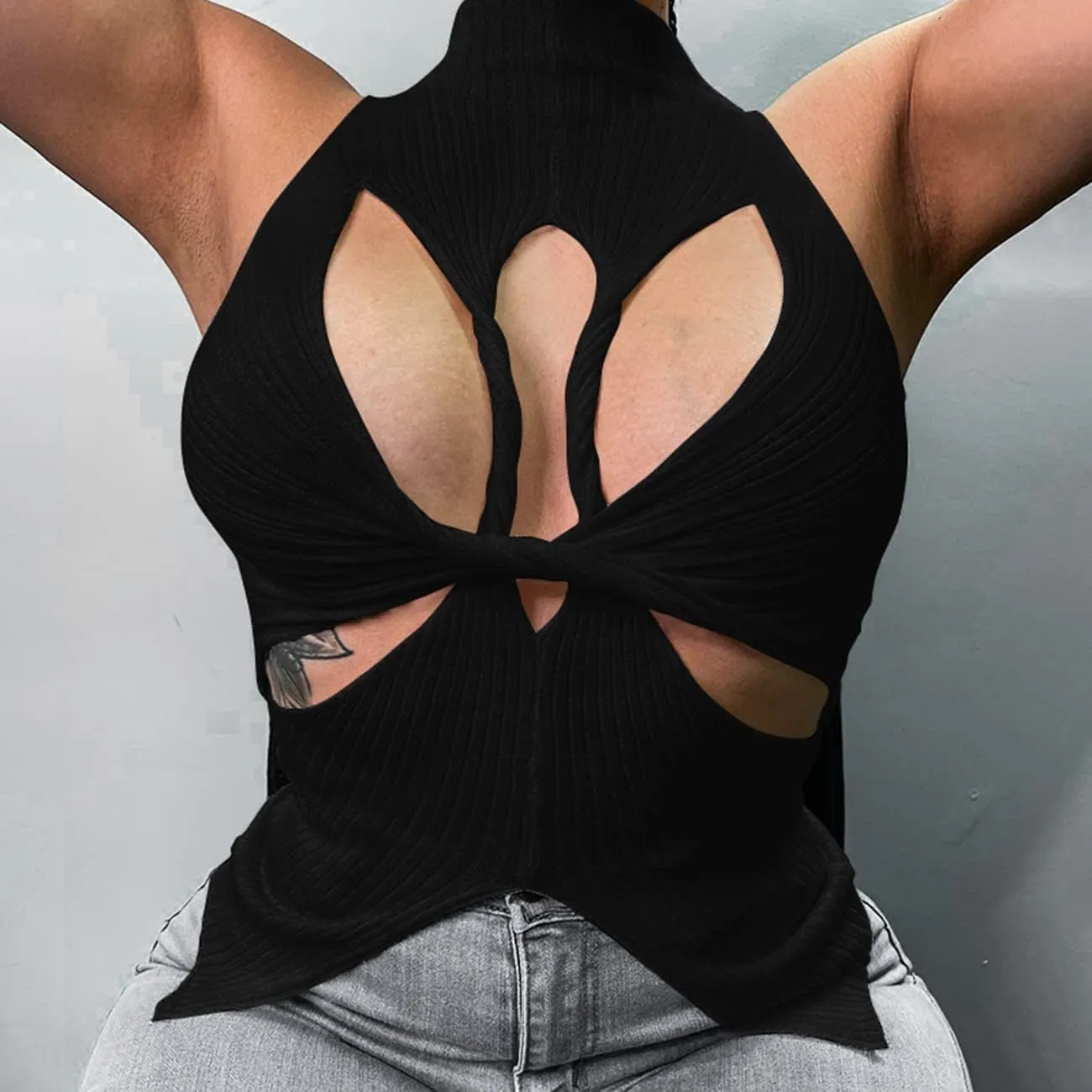 SAFRISIOR Women Sexy Hollow Out Twist Front Knitted Tank Tops Sleeveless High Neck Cut Out Sweater Vest