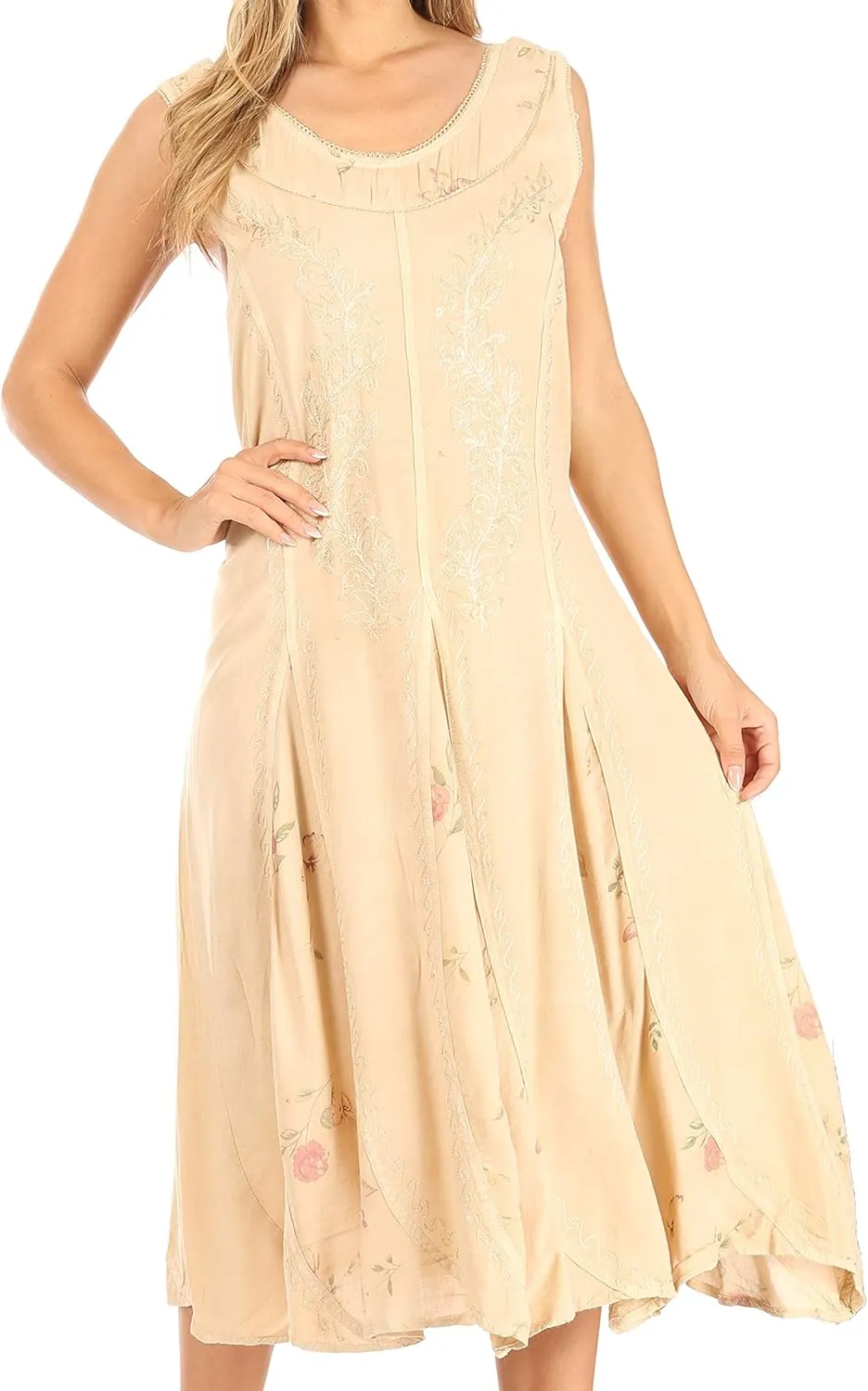 Sakkas Lila Women's Midi Sleeveless Floral Boho Casual Rayon Dress Adjustable