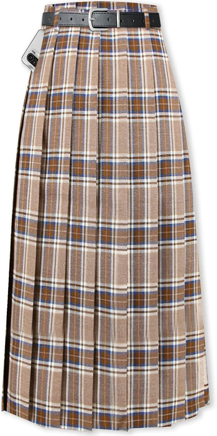 SANGTREE Women's Girls A-Line Long Pleated High Waist Fashion Skirt, School Uniform Cosplay