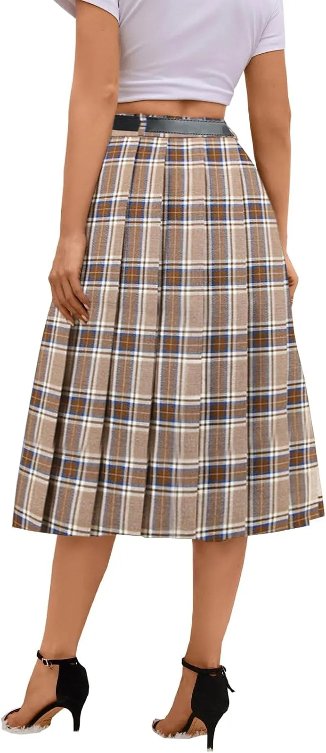 SANGTREE Women's Girls A-Line Long Pleated High Waist Fashion Skirt, School Uniform Cosplay