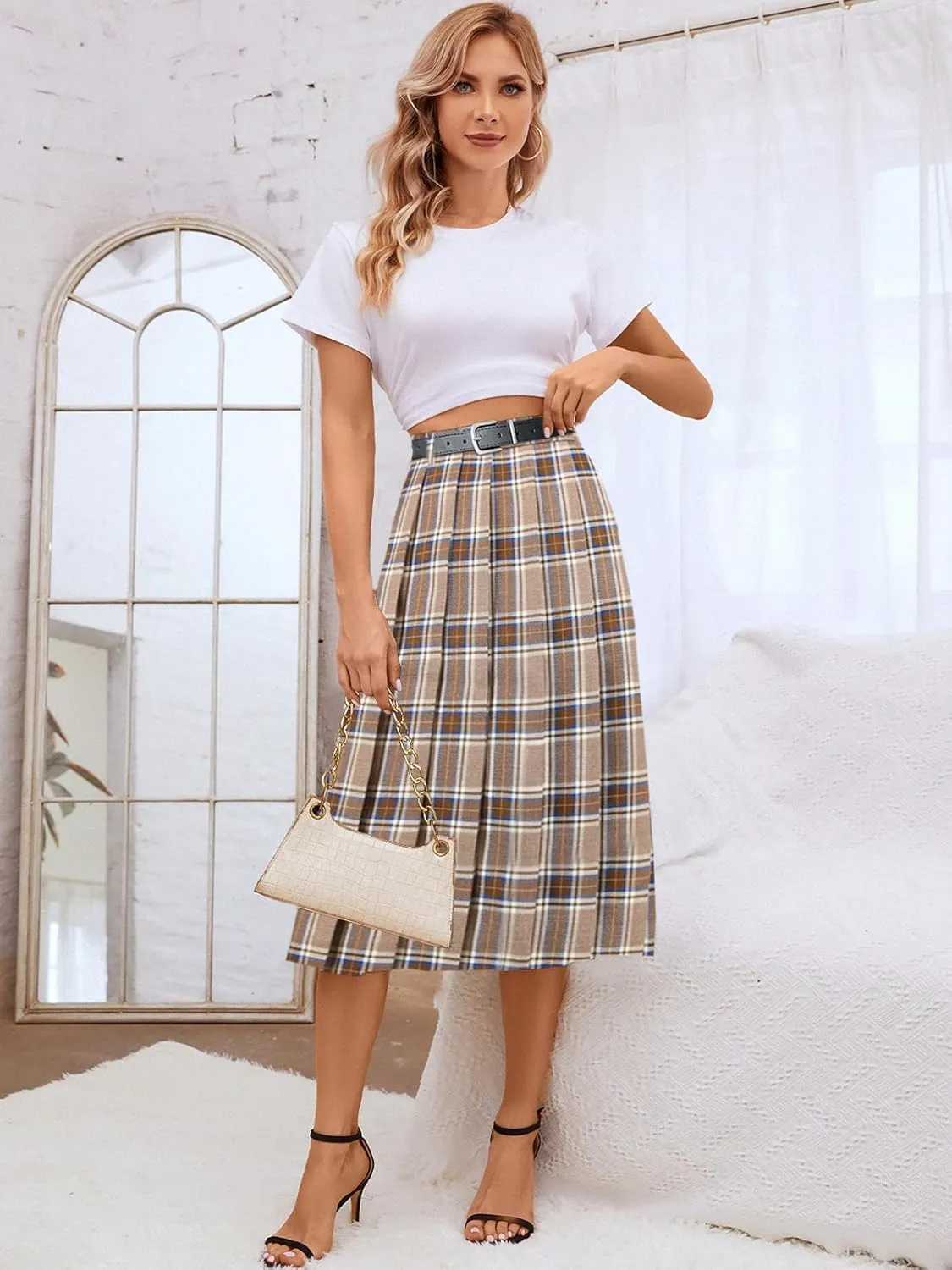 SANGTREE Women's Girls A-Line Long Pleated High Waist Fashion Skirt, School Uniform Cosplay