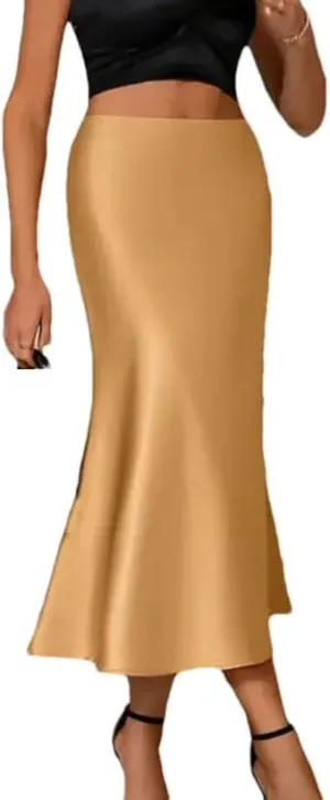 Satin Skirts for Women Korean Style Office High Waist A-Line Skirt Elegant Solid Long Silk Pencil Skirt