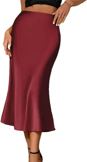 Satin Skirts for Women Korean Style Office High Waist A-Line Skirt Elegant Solid Long Silk Pencil Skirt