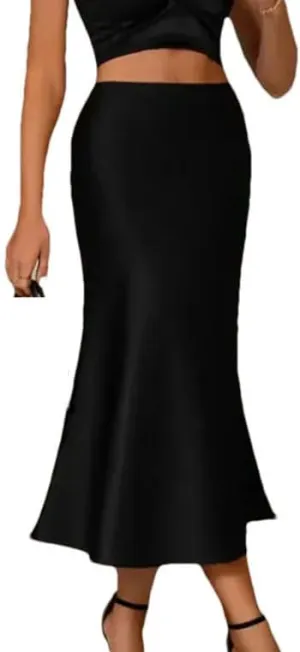 Satin Skirts for Women Korean Style Office High Waist A-Line Skirt Elegant Solid Long Silk Pencil Skirt