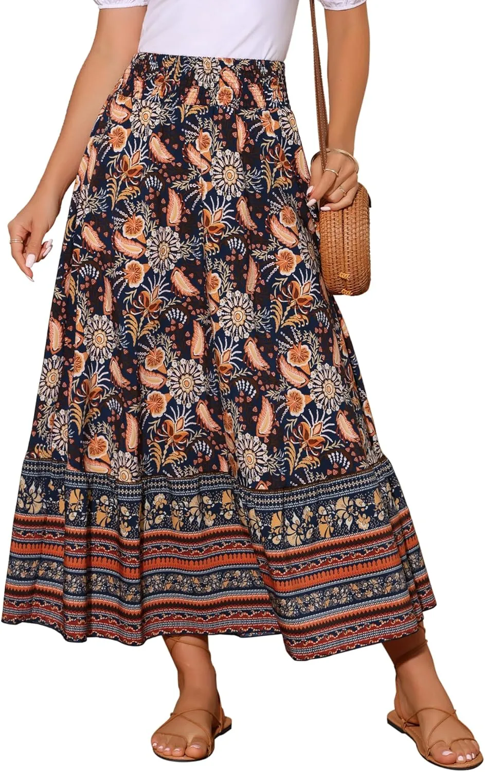 Seta T Women's Floral Skirts High Waist A Line Boho Maxi Skirt Ruffle Long Summer Skirt