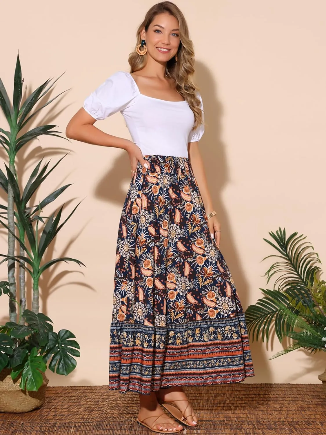 Seta T Women's Floral Skirts High Waist A Line Boho Maxi Skirt Ruffle Long Summer Skirt