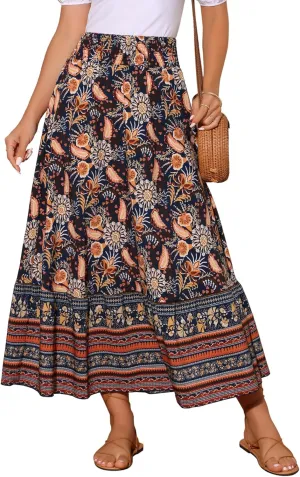 Seta T Women's Floral Skirts High Waist A Line Boho Maxi Skirt Ruffle Long Summer Skirt