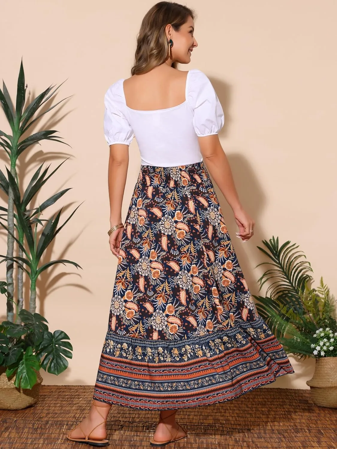 Seta T Women's Floral Skirts High Waist A Line Boho Maxi Skirt Ruffle Long Summer Skirt