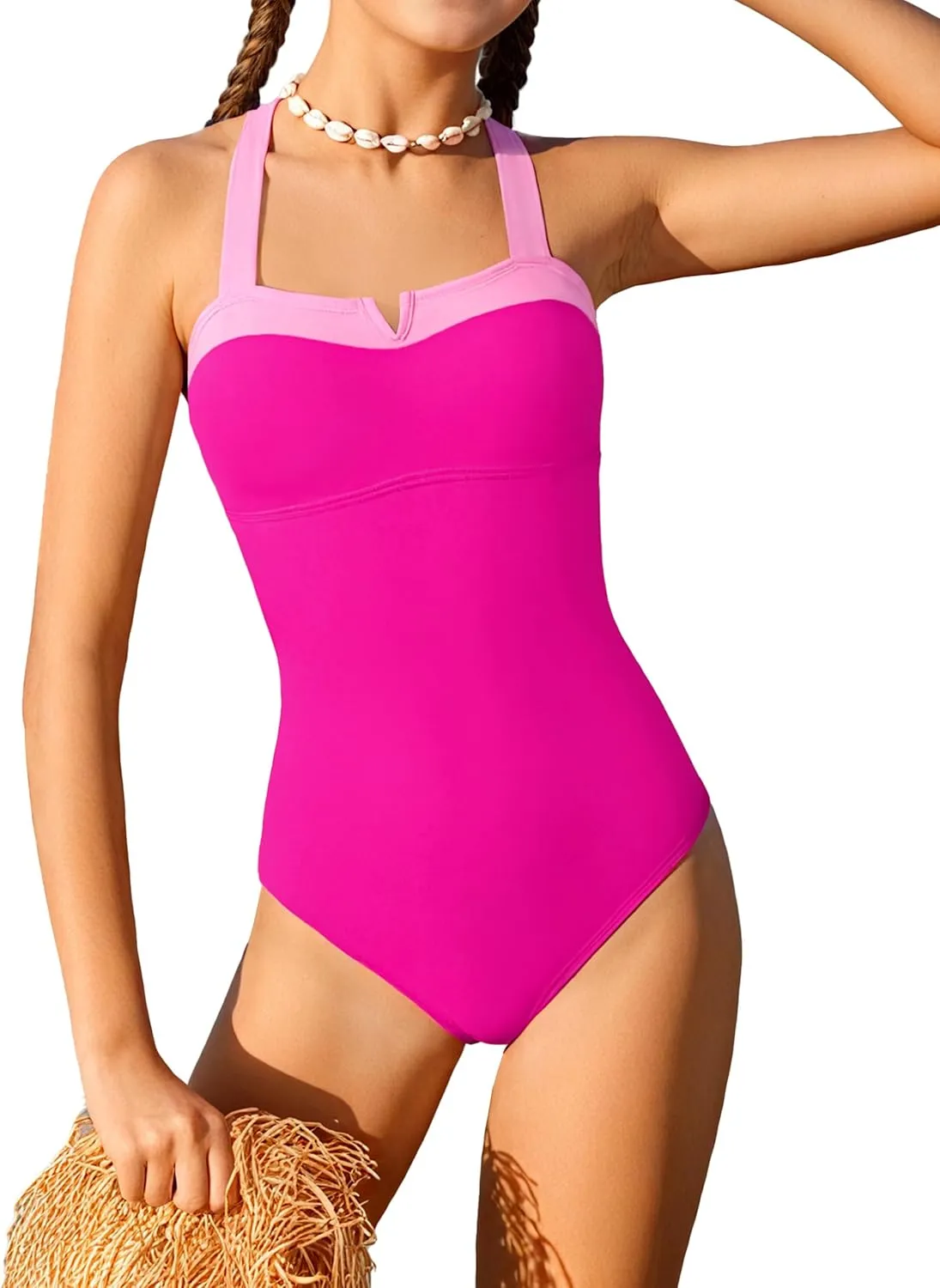 Shallmu Girls One Piece Swimsuits Color Block Dual Crossback Straps with Cover Up Skirt Girl's Swimwear 9-16Y