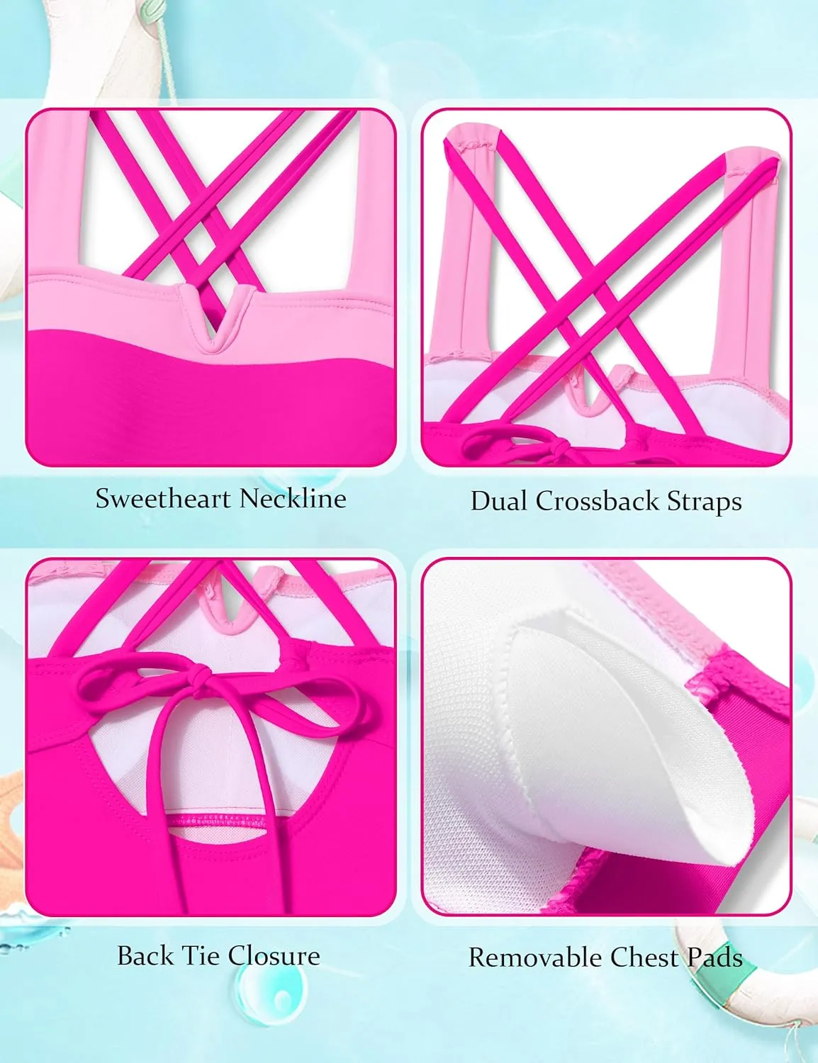 Shallmu Girls One Piece Swimsuits Color Block Dual Crossback Straps with Cover Up Skirt Girl's Swimwear 9-16Y