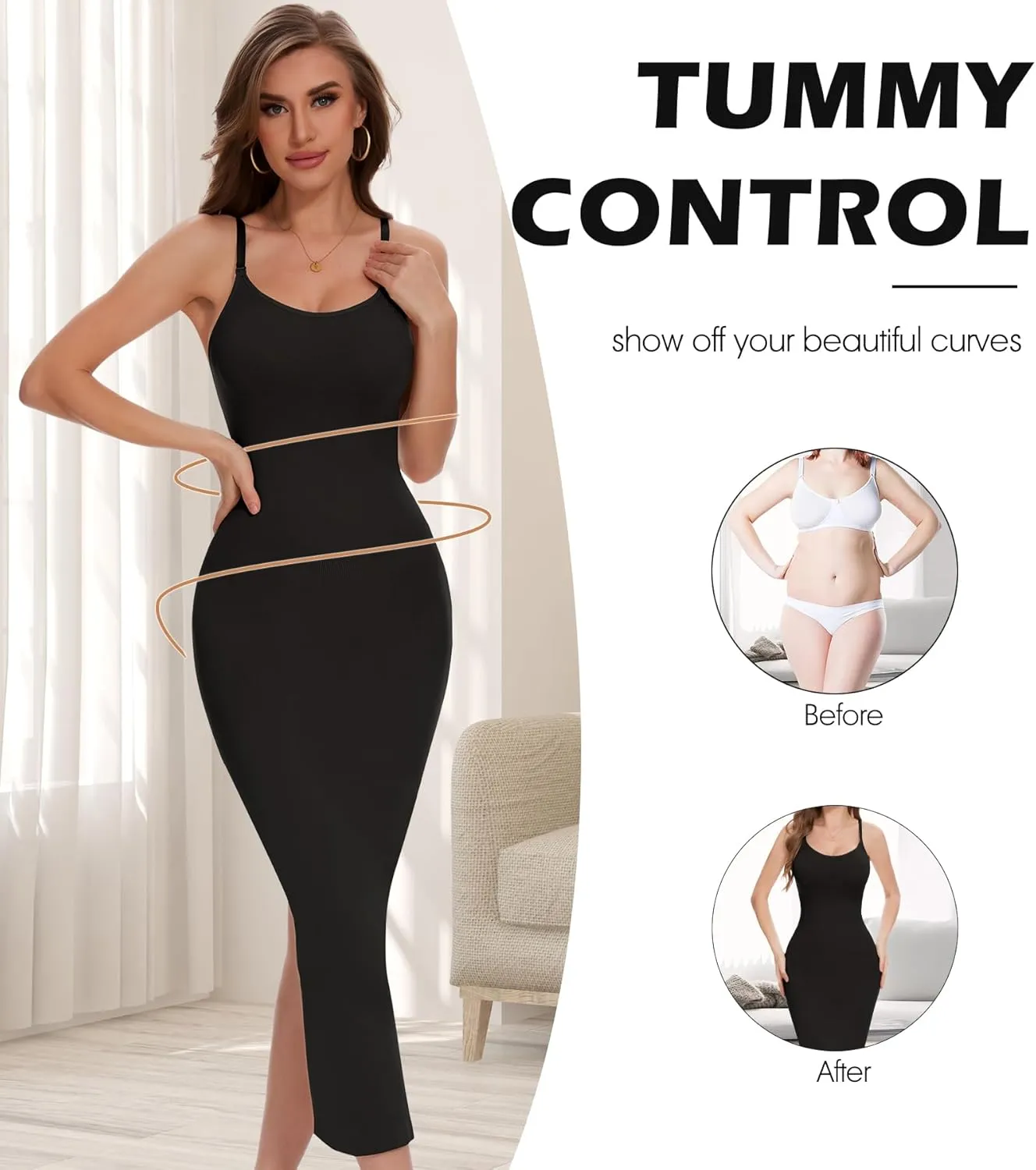 Shapewear Slip Dress for Women Under Dress Tummy Control Long Slip Dress with Back Slit
